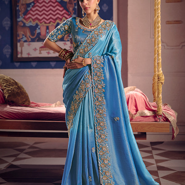 Monjolika Fashion Light Blue Viscose Zari Tissue Silk Embroidered Saree - Dista