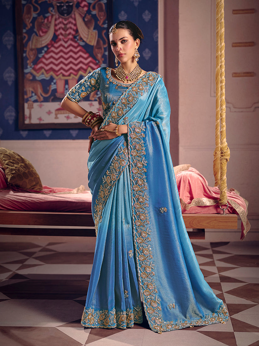Monjolika Fashion Light Blue Viscose Zari Tissue Silk Embroidered Saree - Dista