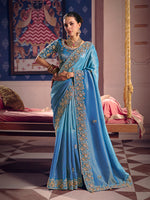 Thumbnail for Monjolika Fashion Light Blue Viscose Zari Tissue Silk Embroidered Saree - Dista