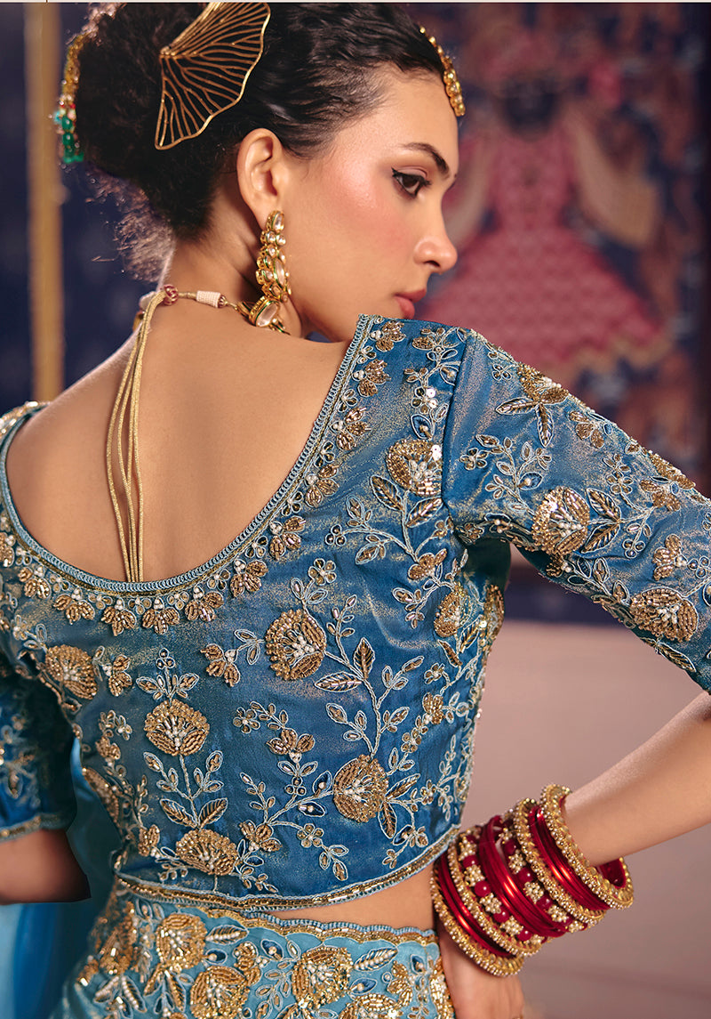 Monjolika Fashion Light Blue Viscose Zari Tissue Silk Embroidered Saree - Dista