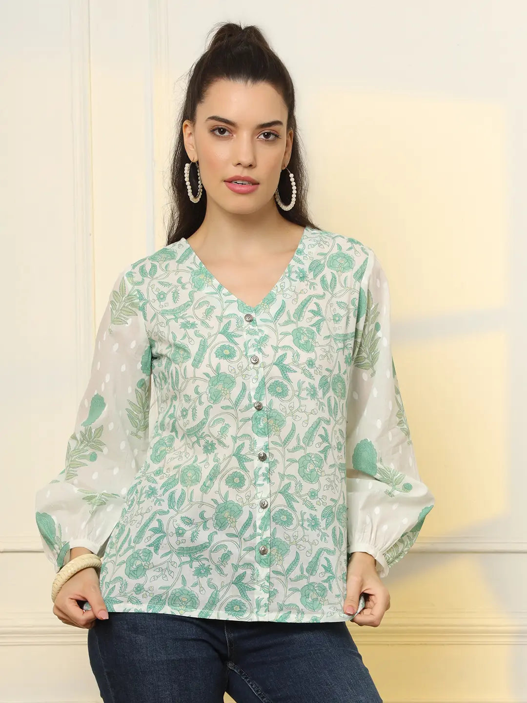 Yufta White And Green Printed Cotton Top - Distacart