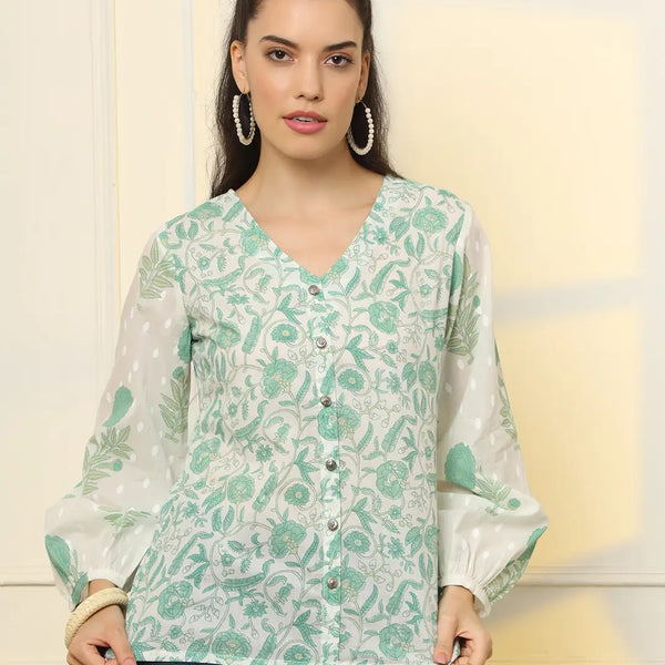 Yufta White And Green Printed Cotton Top - Distacart