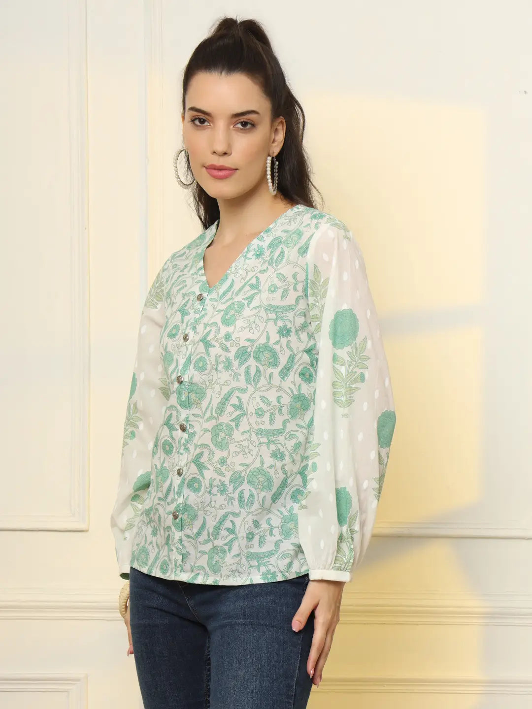 Yufta White And Green Printed Cotton Top - Distacart