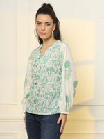 Thumbnail for Yufta White And Green Printed Cotton Top