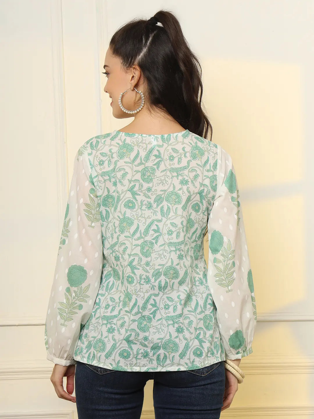 Yufta White And Green Printed Cotton Top