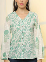 Thumbnail for Yufta White And Green Printed Cotton Top