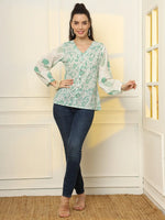 Thumbnail for Yufta White And Green Printed Cotton Top