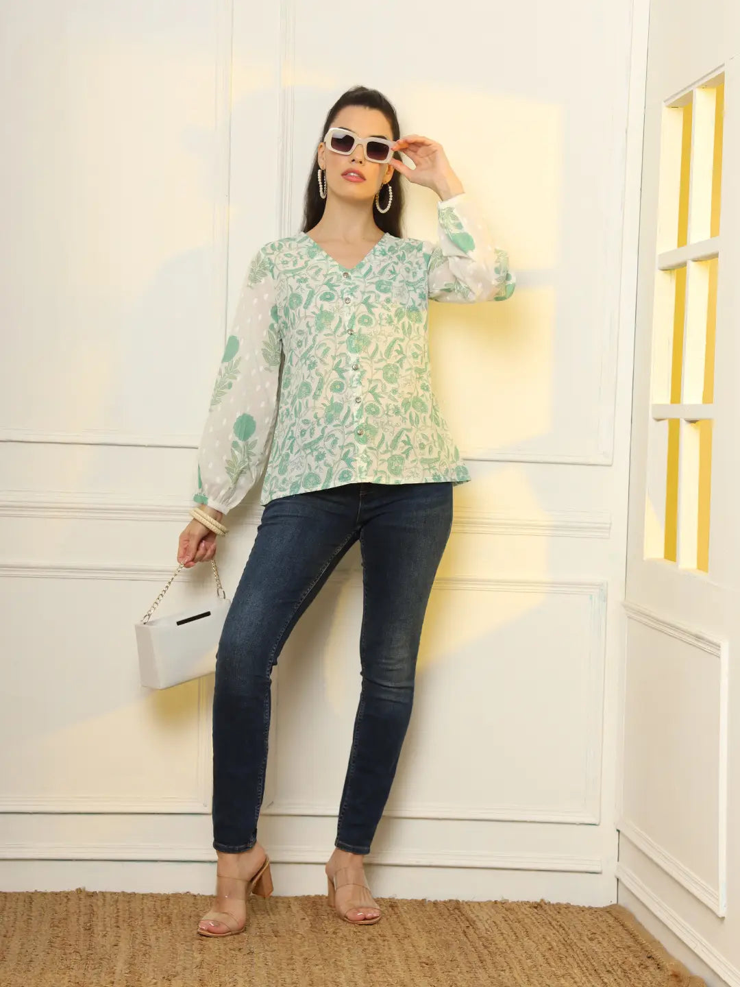 Yufta White And Green Printed Cotton Top