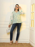 Thumbnail for Yufta White And Green Printed Cotton Top