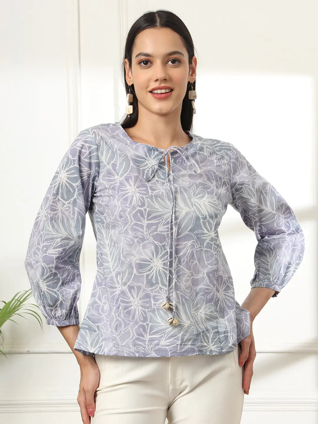 Yufta Grey Printed Cotton Peplum Top - Distacart