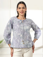 Thumbnail for Yufta Grey Printed Cotton Peplum Top - Distacart