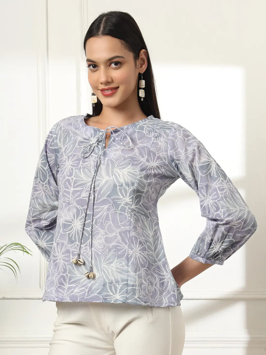 Yufta Grey Printed Cotton Peplum Top - Distacart