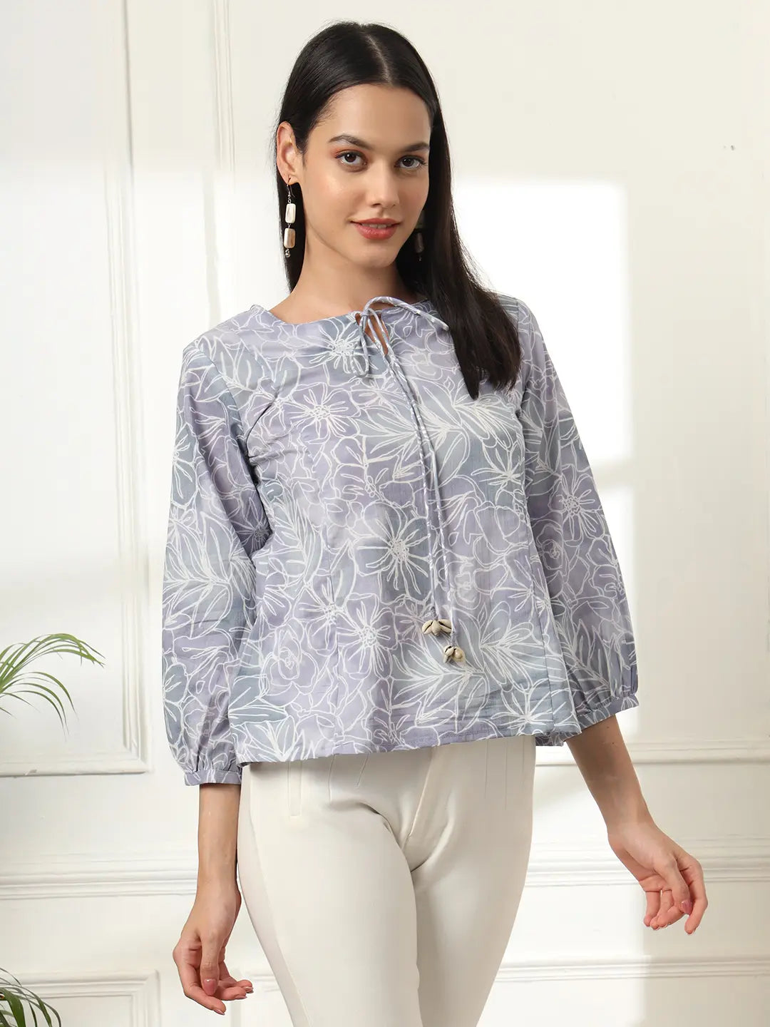 Yufta Grey Printed Cotton Peplum Top - Distacart