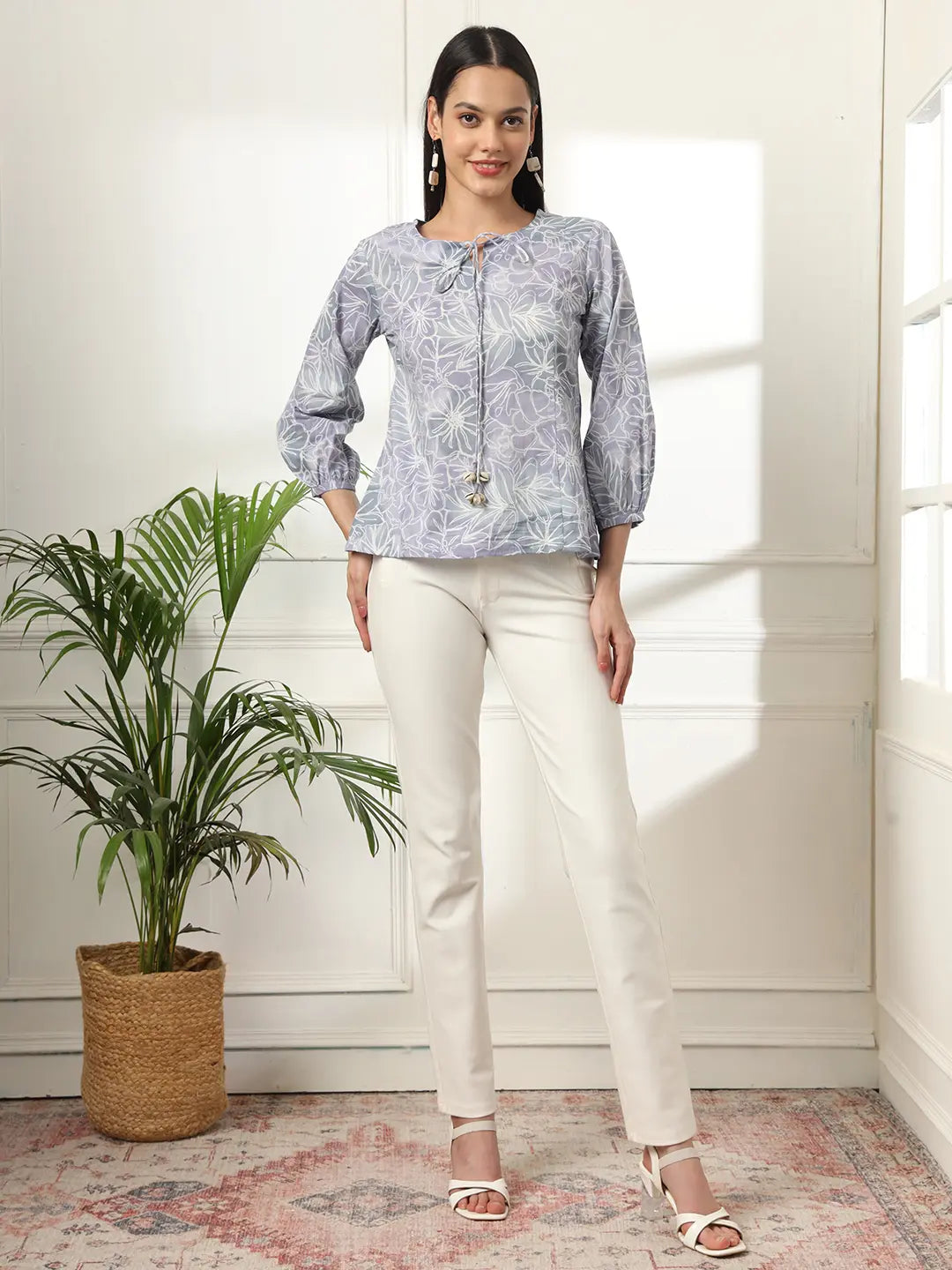 Yufta Grey Printed Cotton Peplum Top - Distacart