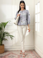Thumbnail for Yufta Grey Printed Cotton Peplum Top - Distacart