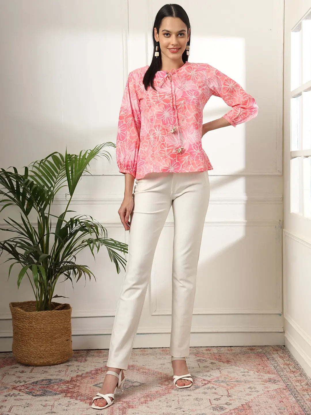 Yufta Pink Printed Cotton Peplum Top - Distacart