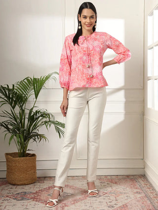Yufta Pink Printed Cotton Peplum Top - Distacart