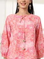 Thumbnail for Yufta Pink Printed Cotton Peplum Top - Distacart