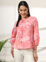 Thumbnail for Yufta Pink Printed Cotton Peplum Top - Distacart