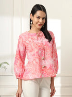 Thumbnail for Yufta Pink Printed Cotton Peplum Top - Distacart