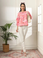 Thumbnail for Yufta Pink Printed Cotton Peplum Top - Distacart