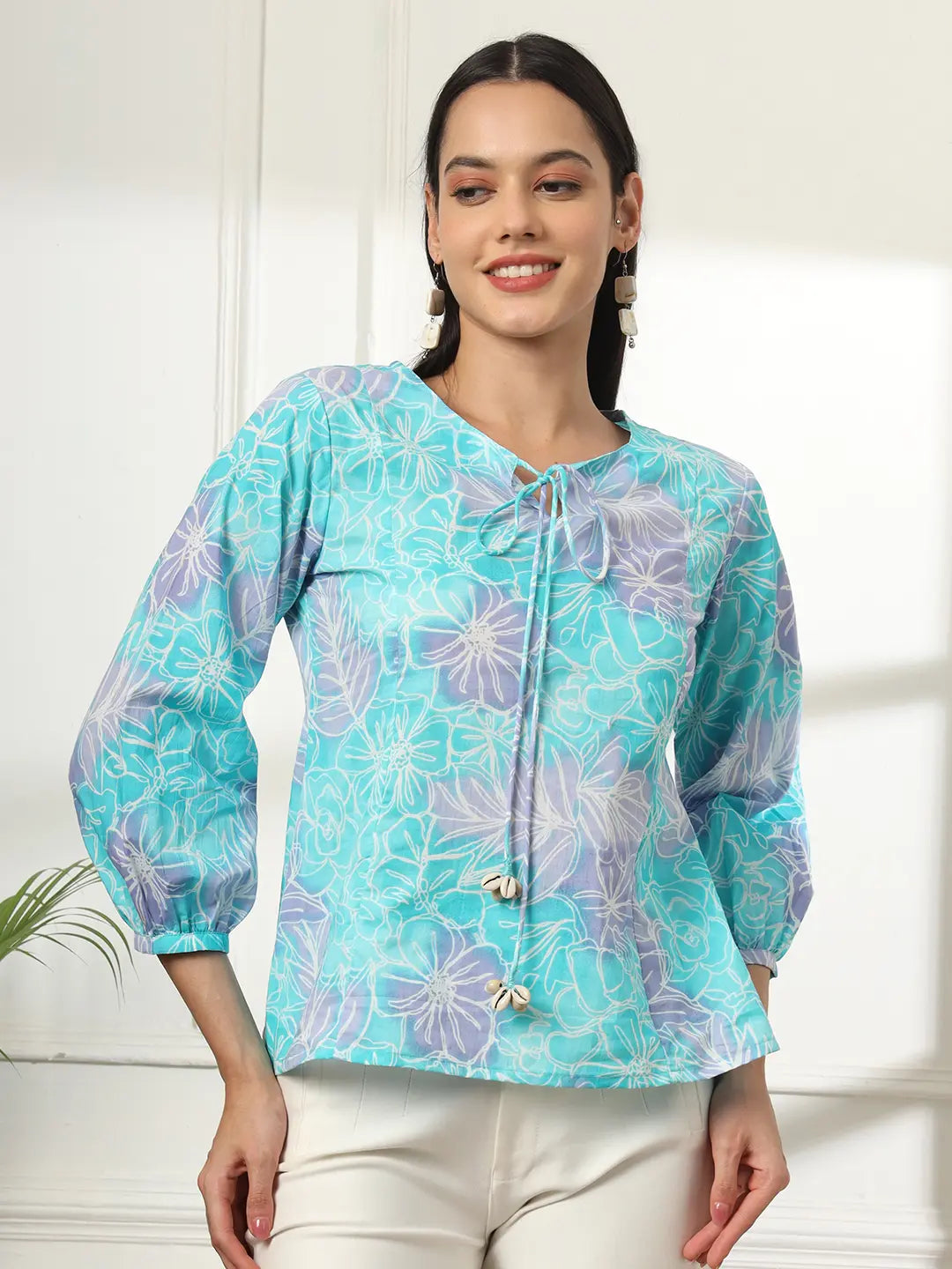 Yufta Sky Blue Printed Cotton Peplum Top - Distacart