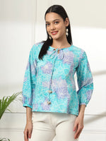 Thumbnail for Yufta Sky Blue Printed Cotton Peplum Top - Distacart