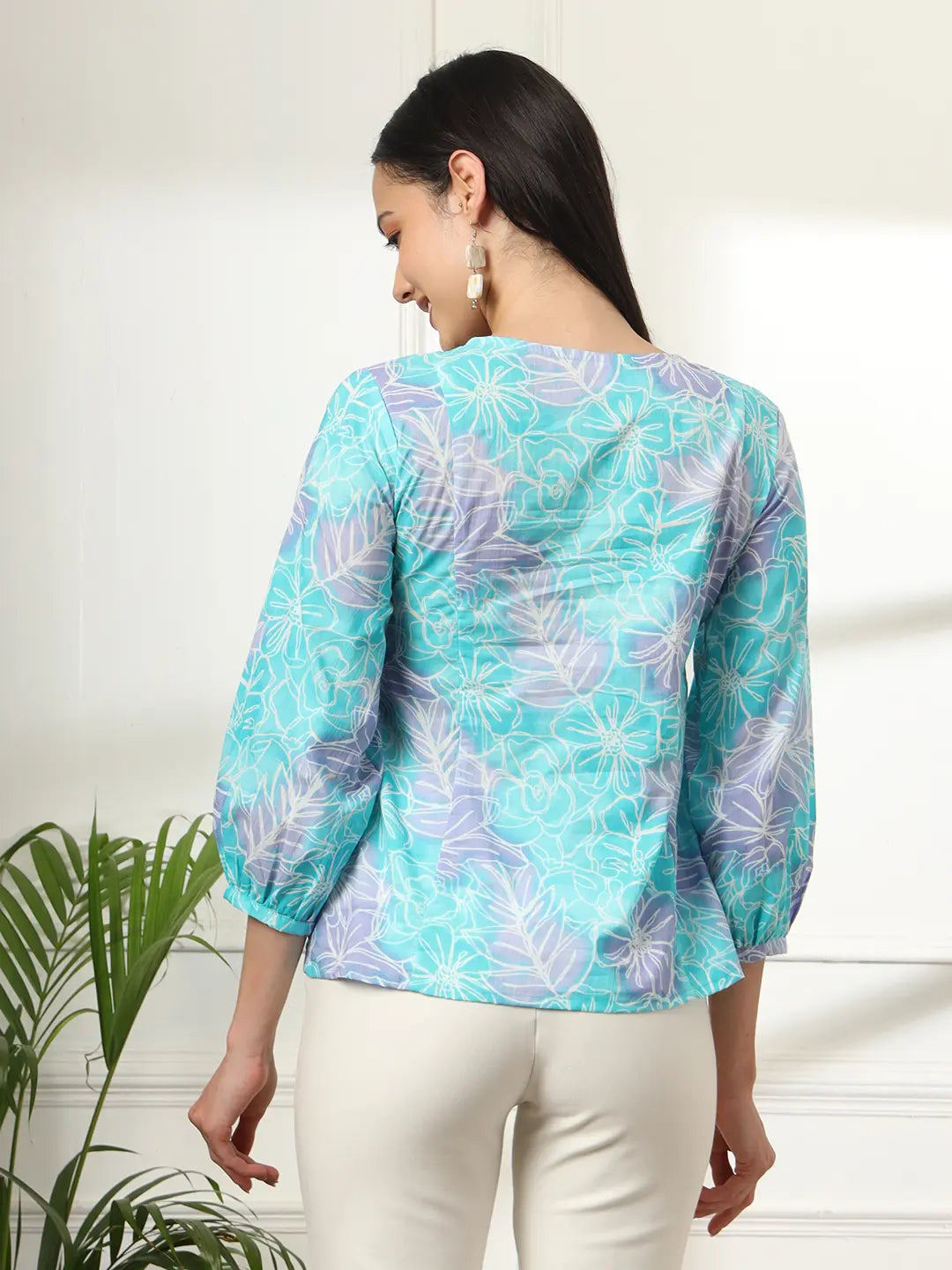 Yufta Sky Blue Printed Cotton Peplum Top - Distacart