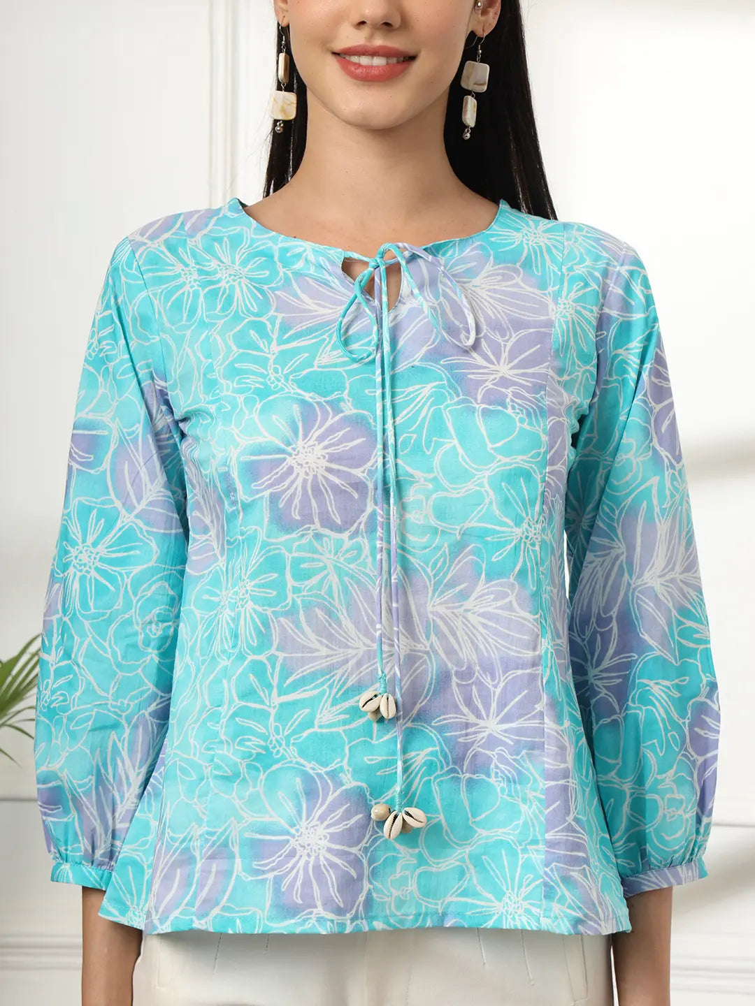 Yufta Sky Blue Printed Cotton Peplum Top - Distacart