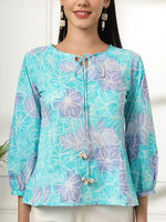 Thumbnail for Yufta Sky Blue Printed Cotton Peplum Top - Distacart