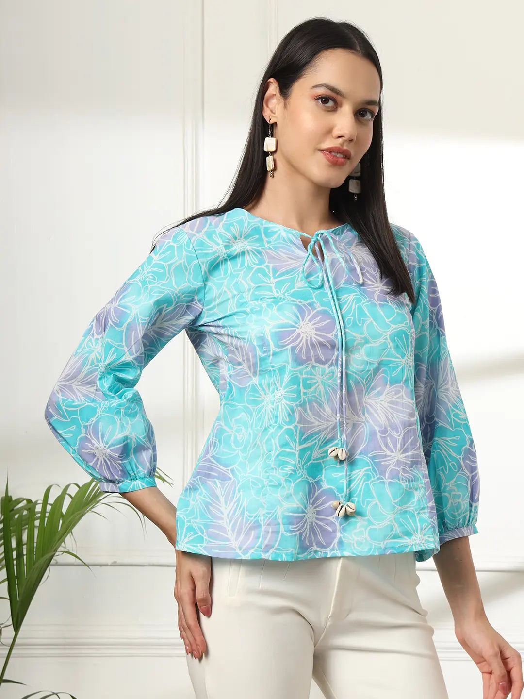 Yufta Sky Blue Printed Cotton Peplum Top - Distacart