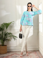 Thumbnail for Yufta Sky Blue Printed Cotton Peplum Top - Distacart