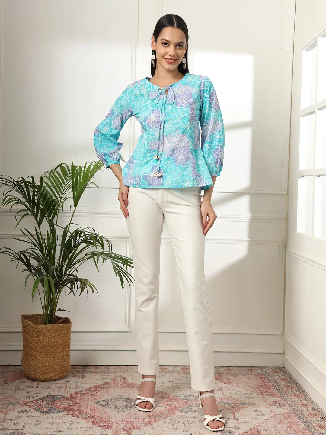Yufta Sky Blue Printed Cotton Peplum Top - Distacart