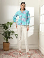 Thumbnail for Yufta Sky Blue Printed Cotton Peplum Top - Distacart