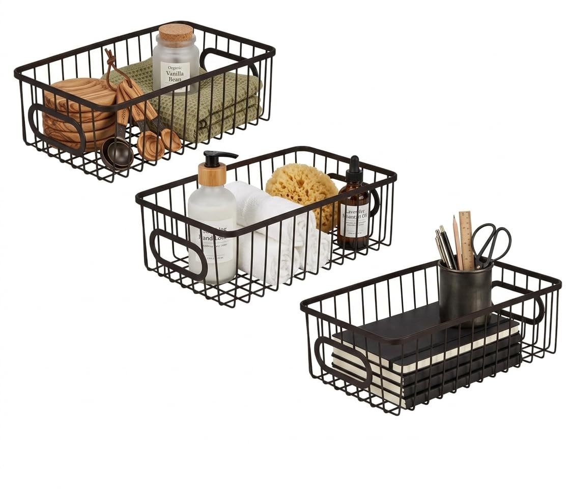 Go Hooked Bianco Multipurpose 10" Metal Bathroom Storage Organizer Basket Bin - Modern Wire Grid Design - for Organization in Cabinets, on Countertops, Bedroom, Kitchen, Bathroom, Garage (Pack of 3, Black)