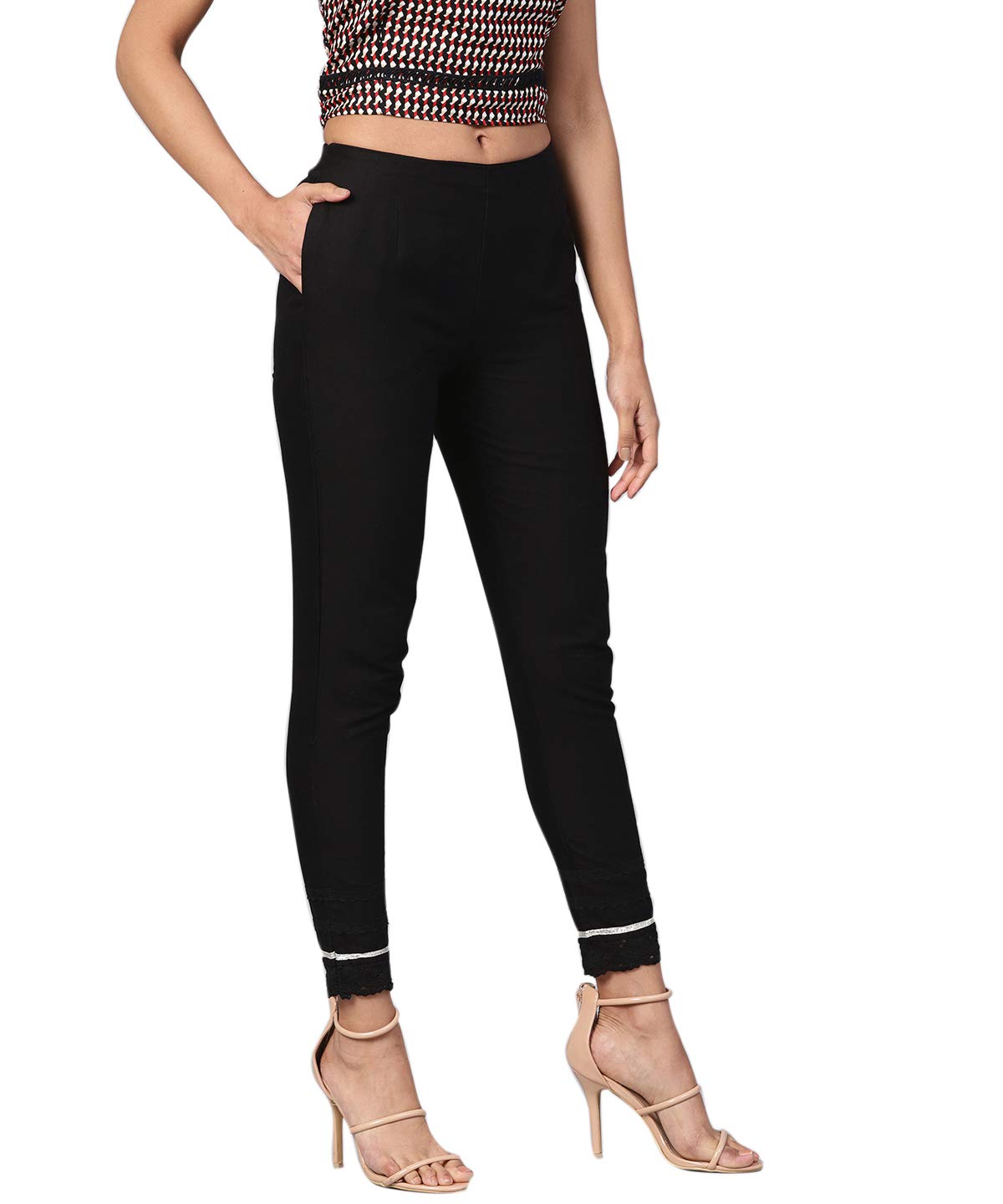 Juniper Women's Black Solid Cotton Flex Straight Fit Pants With Lace & Gota Work