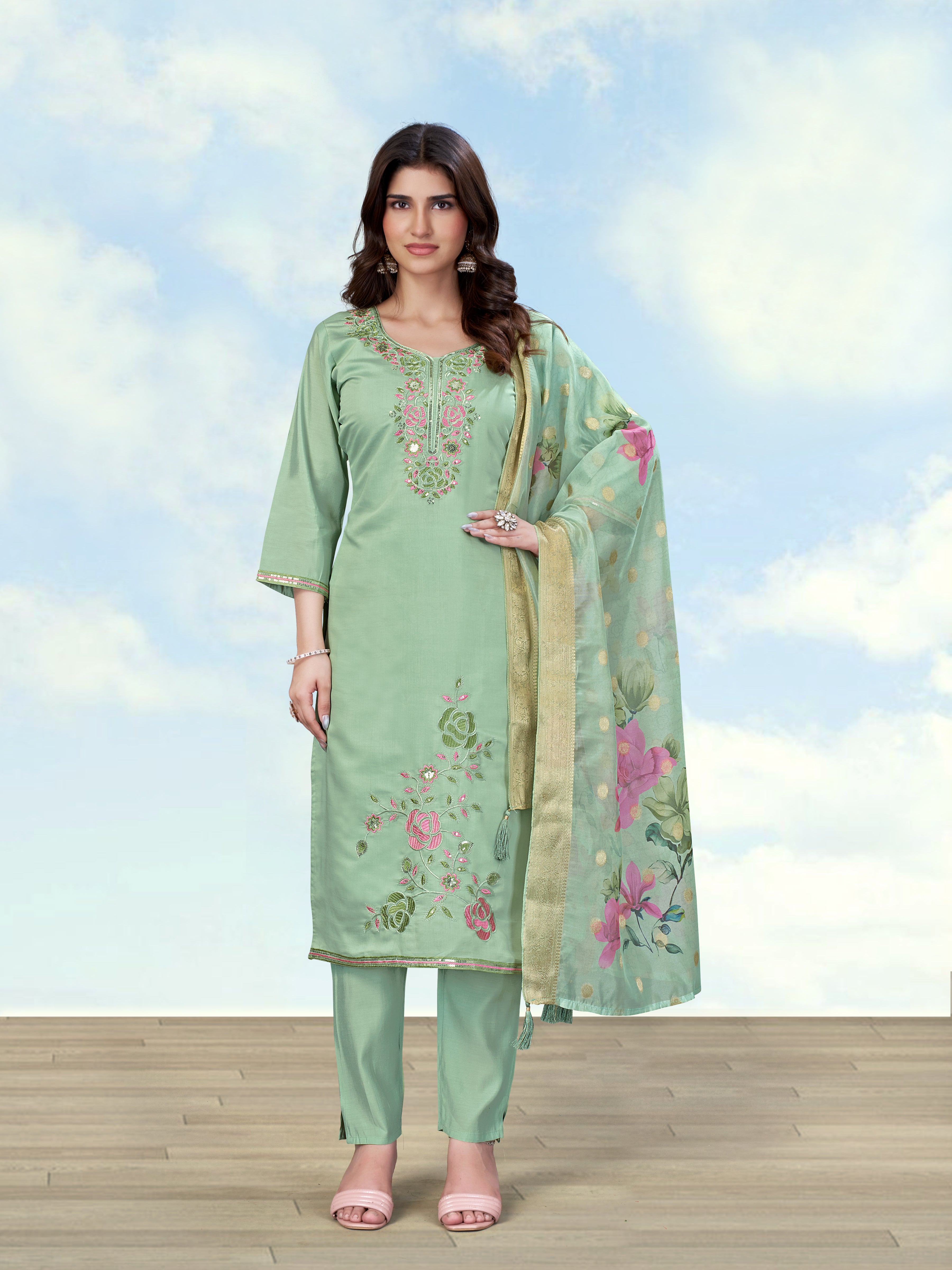 Monjolika Fashion Sea Green Color Roman Digital Print Kurta Pair - Dista