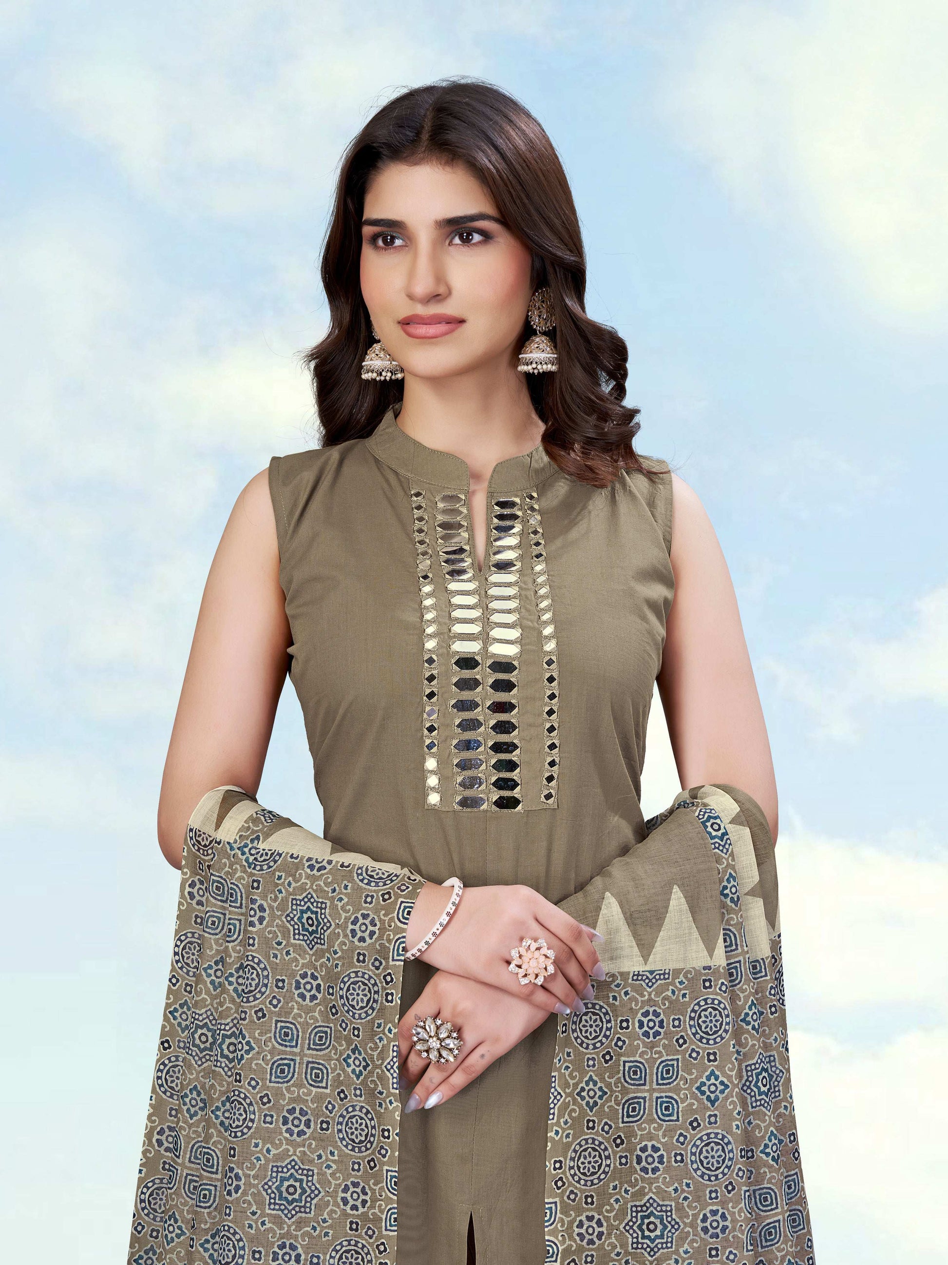 Monjolika Fashion Dark Beige Color Cotton Blend Mirror Work Kurta Pair - Dista