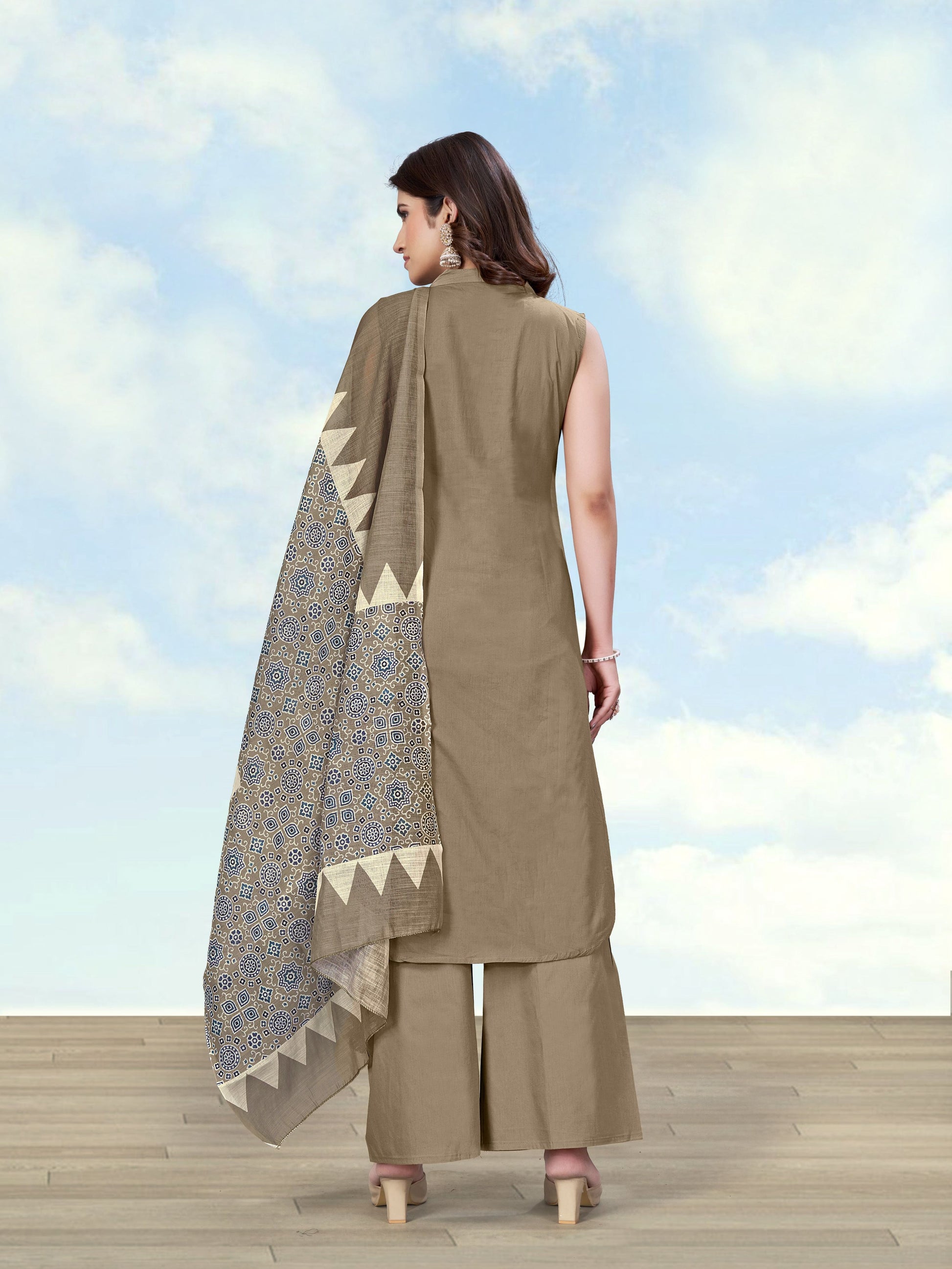 Monjolika Fashion Dark Beige Color Cotton Blend Mirror Work Kurta Pair - Dista
