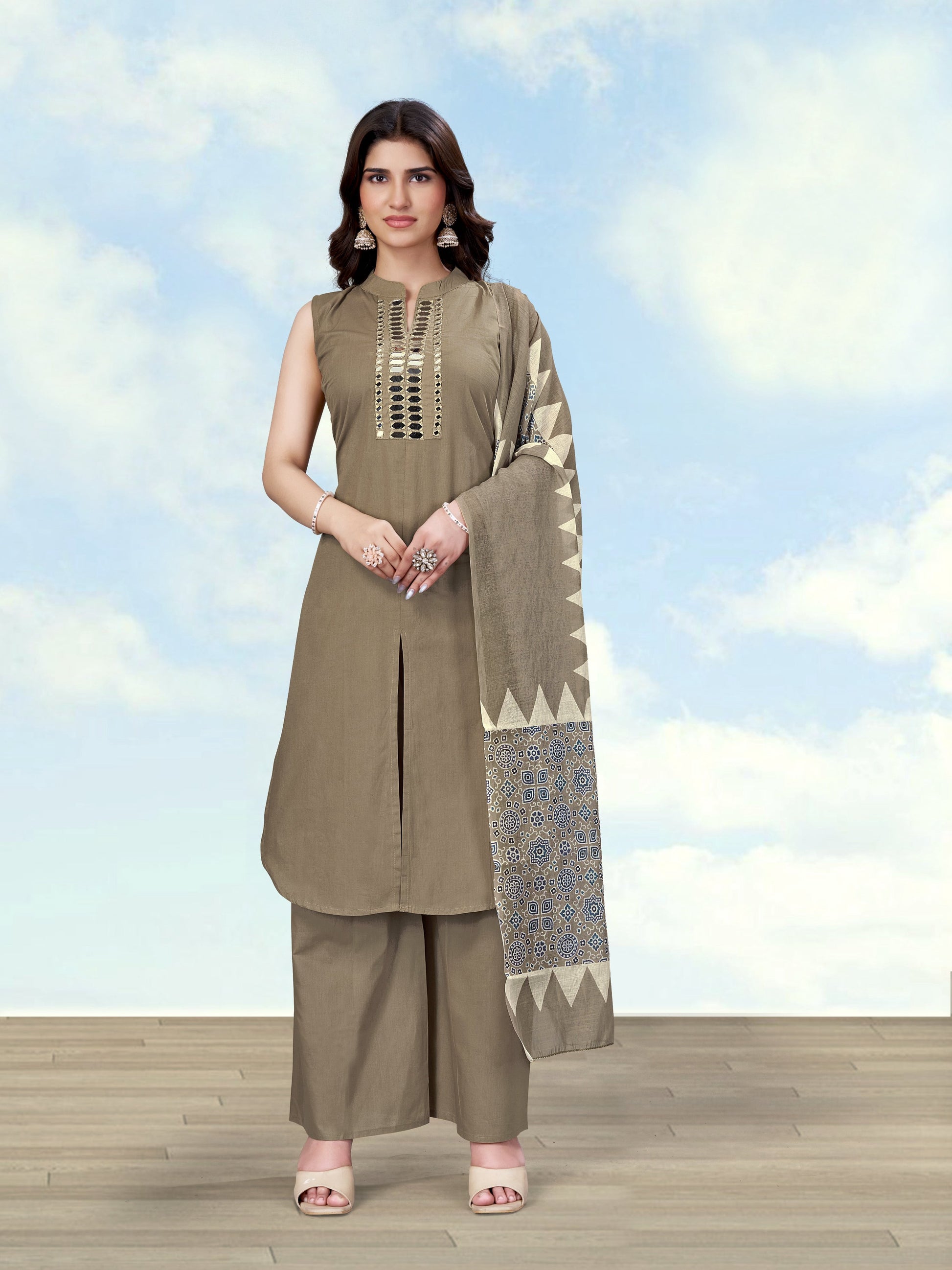 Monjolika Fashion Dark Beige Color Cotton Blend Mirror Work Kurta Pair - Dista