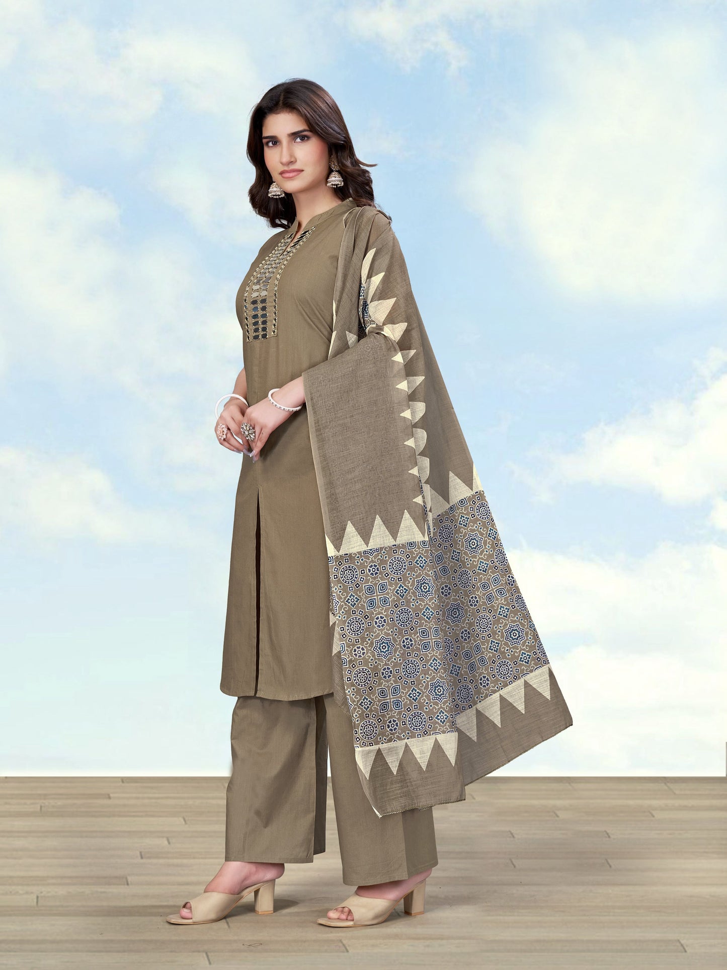 Monjolika Fashion Dark Beige Color Cotton Blend Mirror Work Kurta Pair - Dista