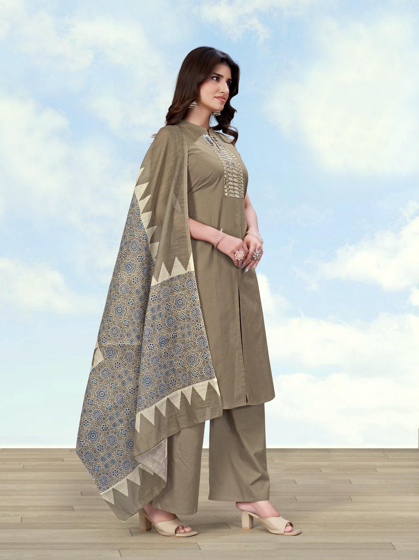 Monjolika Fashion Dark Beige Color Cotton Blend Mirror Work Kurta Pair - Dista