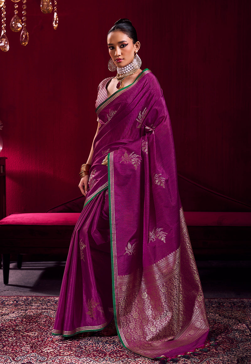 Monjolika Fashion Dark Magenta Satin Linen Handloom Weaving Silk Saree - Dista
