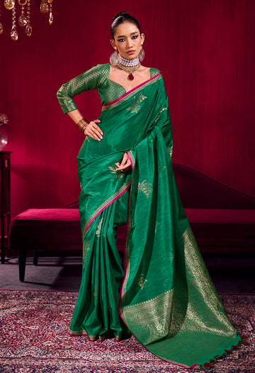 Monjolika Fashion Dark Green Satin Linen Handloom Weaving Silk Saree - Dista