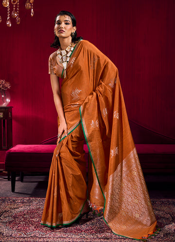 Monjolika Fashion Rust Satin Linen Handloom Weaving Silk Saree - Dista