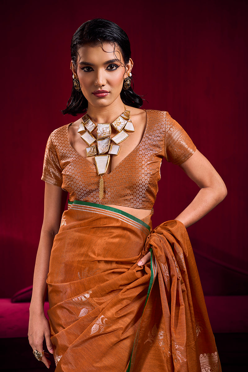Monjolika Fashion Rust Satin Linen Handloom Weaving Silk Saree - Dista