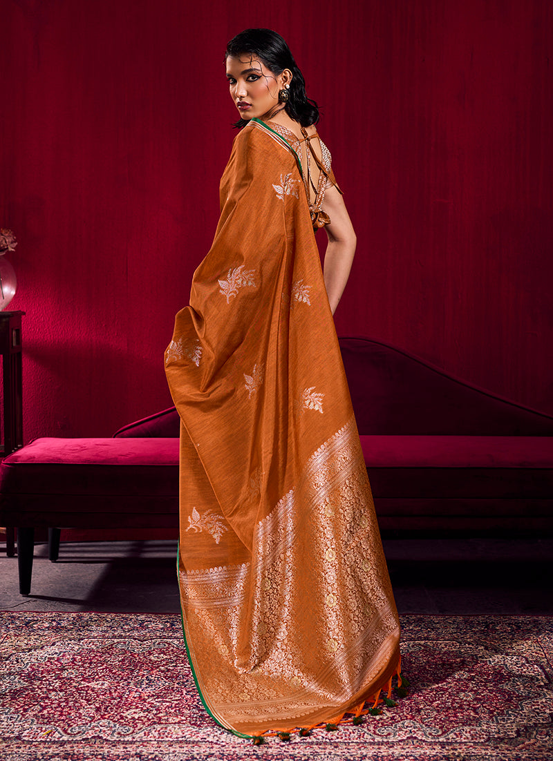 Monjolika Fashion Rust Satin Linen Handloom Weaving Silk Saree - Dista