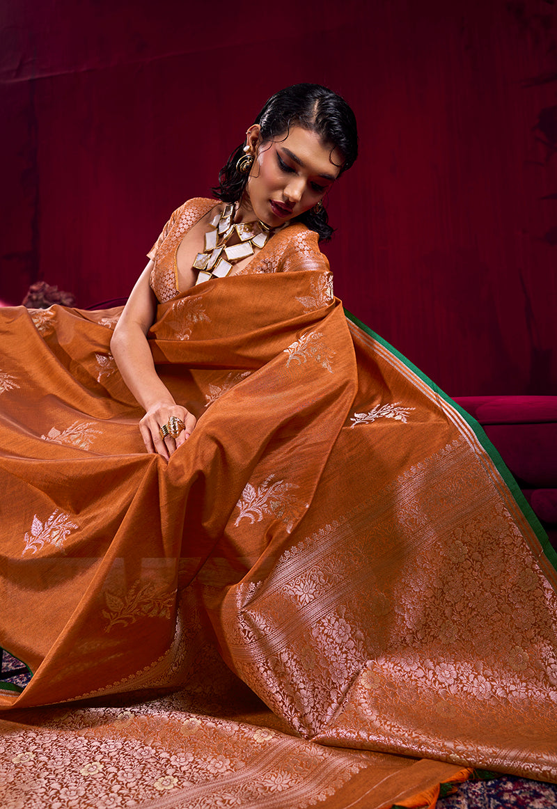 Monjolika Fashion Rust Satin Linen Handloom Weaving Silk Saree - Dista