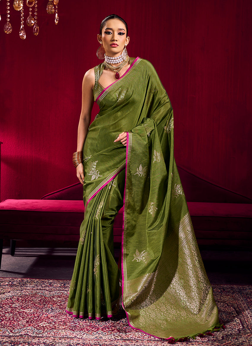 Monjolika Fashion Mehendi Green Satin Linen Handloom Weaving Silk Saree - Dista