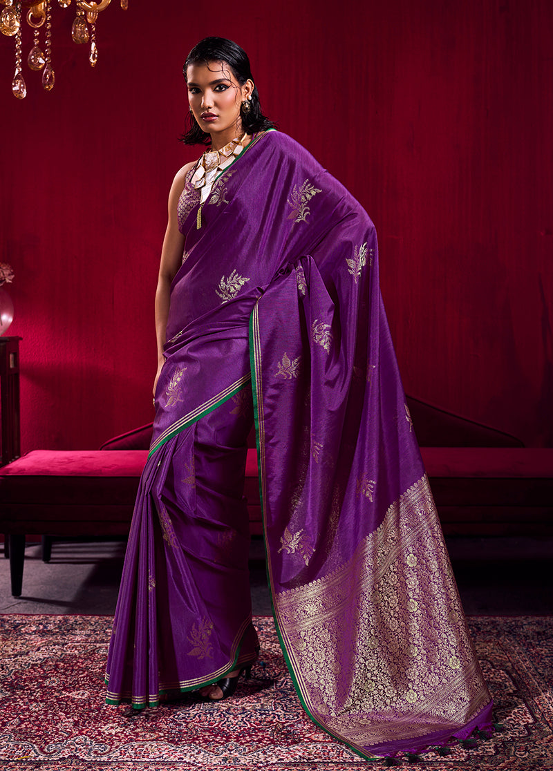Monjolika Fashion Purple Satin Linen Handloom Weaving Silk Saree - Dista